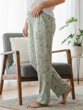 Charter Club Aqua Floral Lounge Pants with Pink Blossoms